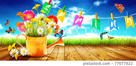 Colorful wild flower bouquet in a watering can with butterflies. Colorful wild flower bouquet in a watering can with butterflies. 77077822