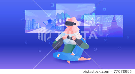 woman wearing vr headset girl in digital glasses exploring virtual reality interactive services woman wearing vr headset girl in digital glasses exploring virtual reality interactive services 77078995
