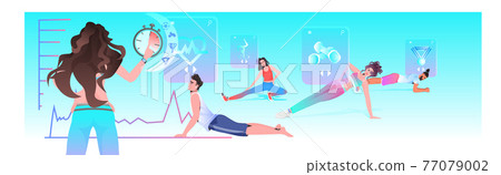 young people doing sport exercises with female fitness trainer online cardio training workout concept 77079002