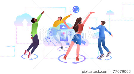 mix race people having fun online social media network cloud syncing data synchronization 77079003