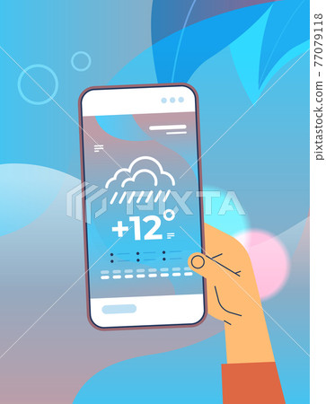 human hand holding smartphone with daily temperature mobile app weather forecasting and meteorology concept human hand holding smartphone with daily temperature mobile app weather forecasting and meteorology concept 77079118