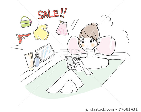 Cute woman bath time online shopping 77081431