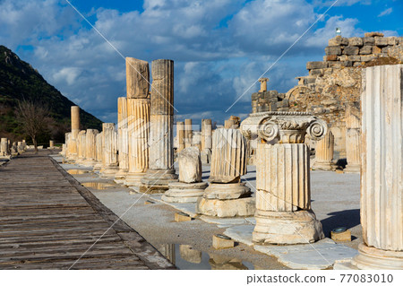 State Agora columns in ancient Ephesus with Odeon ruins in background State Agora columns in ancient Ephesus with Odeon ruins in background 77083010
