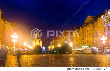 Victoriei Square with Orthodox Cathedral at dusk Victoriei Square with Orthodox Cathedral at dusk 77083174