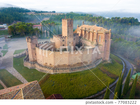 Castle Castillo de Javier in the fog. Huesca Province. Aragon. Spain Castle Castillo de Javier in the fog. Huesca Province. Aragon. Spain 77083222