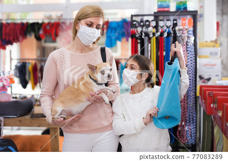Woman in mask in pet store during shopping with her daughter with dog Woman in mask in pet store during shopping with her daughter with dog 77083289