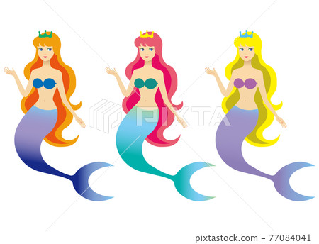 Three mermaids of different colors raising their hands Three mermaids of different colors raising their hands 77084041