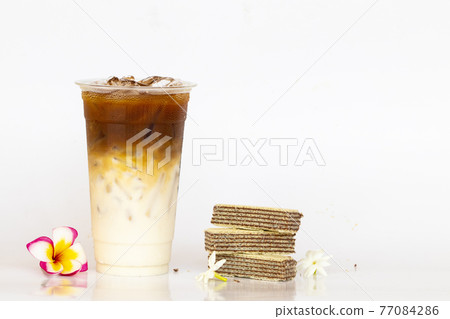 cold drinks iced white choc macchiato menu fresh roasted coffee colorful beverage with dessert snack wafer  77084286