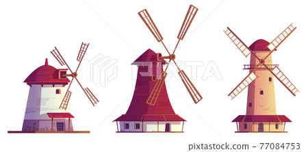 Cartoon windmills, antique buildings isolated set 77084753
