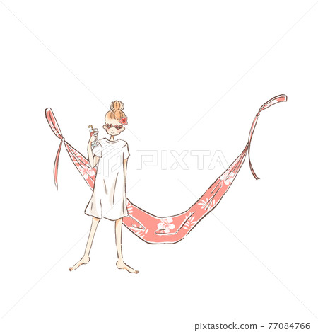 一名年輕女子在吊床上喝果汁的插圖 一名年輕女子在吊床上喝果汁的插圖 77084766