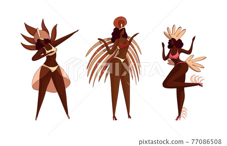 Brazilian Dark Skinned Samba Dancer in Feathered Costume Vector Set Brazilian Dark Skinned Samba Dancer in Feathered Costume Vector Set 77086508