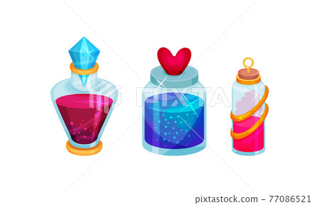 Corked Glass Jars with Magic Liquid Potion Vector Set Corked Glass Jars with Magic Liquid Potion Vector Set 77086521