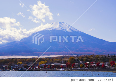 [Yamanashi Prefecture] Lake Yamanaka in autumn and Mt. Fuji with snow 77086561