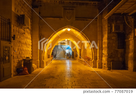 Ancient Street in Jewish Quarter ay Night, The Old City Jerusalem.  77087019