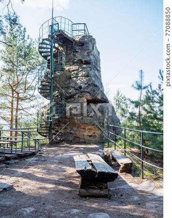 Rock lookout Hlavatice above Turnov town, north Czechia. 77088850
