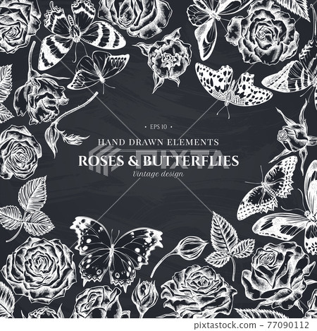 Floral design with chalk menelaus blue morpho, giant swordtail, lemon butterfly, red lacewing 77090112