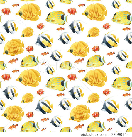 Beautiful vector seamless underwater pattern with cute watercolor colorful fish. Stock illustration. 77090144