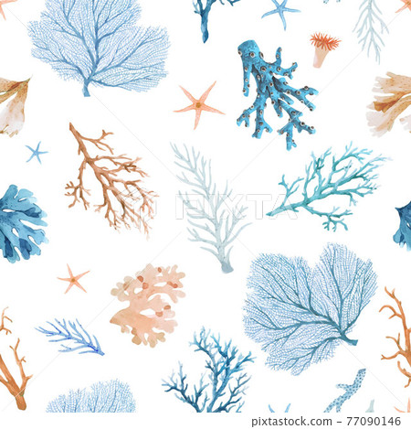 Beautiful vector seamless underwater pattern with watercolor sea life colorful corals. Stock illustration. Beautiful vector seamless underwater pattern with watercolor sea life colorful corals. Stock illustration. 77090146