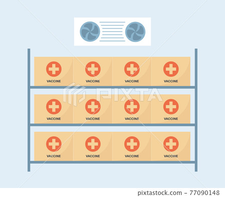 Coronavirus vaccine storage room with cold temperature. Warehouse with covid vaccines. Anti virus campaign. Vector illustration on flat style in white background 77090148