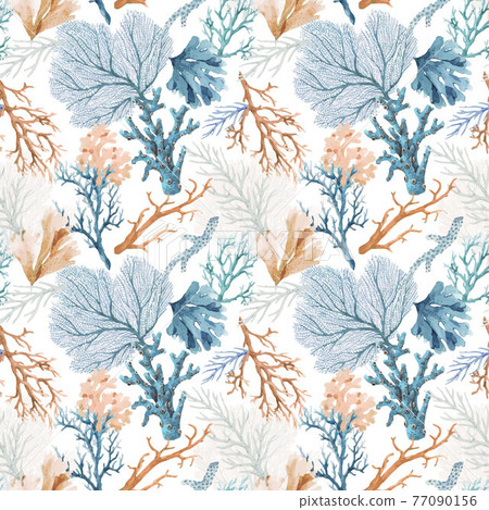 Beautiful vector seamless underwater pattern with watercolor sea life colorful corals. Stock illustration. 77090156