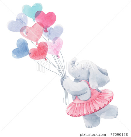 Beautiful baby birthday illustration with hand drawn watercolor cute elephant animal with air baloons. Beautiful baby birthday illustration with hand drawn watercolor cute elephant animal with air baloons. 77090158
