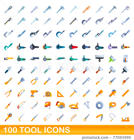 100 tool icons set, cartoon style 77093999