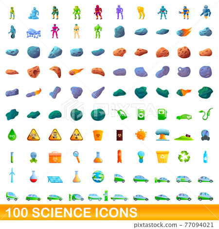100 science icons set, cartoon style 77094021