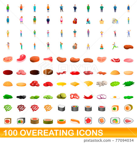 100 overeating icons set, cartoon style 77094034