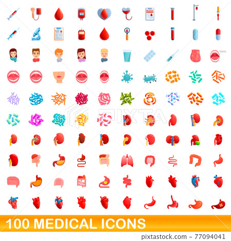 100 medical icons set, cartoon style 77094041