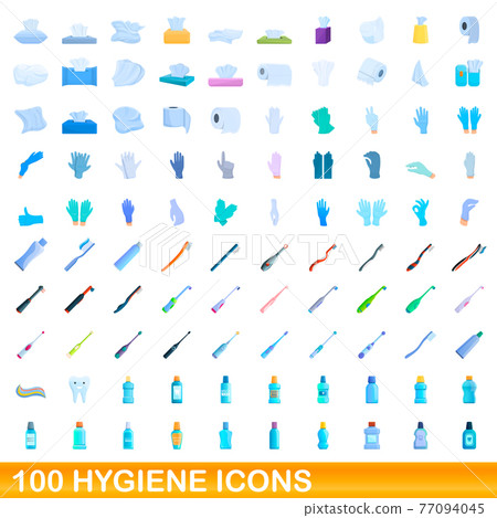 100 hygiene icons set, cartoon style 100 hygiene icons set, cartoon style 77094045