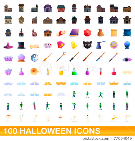 100 halloween icons set, cartoon style 100 halloween icons set, cartoon style 77094049