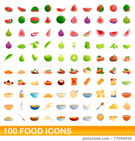 100 food icons set, cartoon style 100 food icons set, cartoon style 77094056