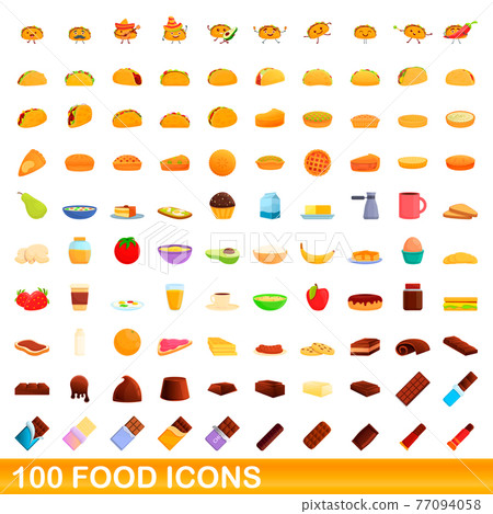 100 food icons set, cartoon style 100 food icons set, cartoon style 77094058