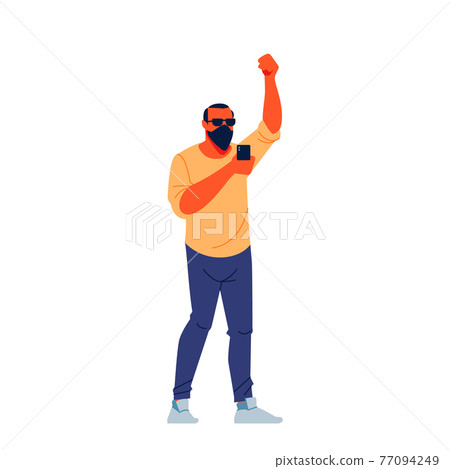 Protesting man with black mask, sunglasses and phone marching In protest, screaming angry, protesting and demanding political freedoms. Flat character design vector illustration isolated on white 77094249
