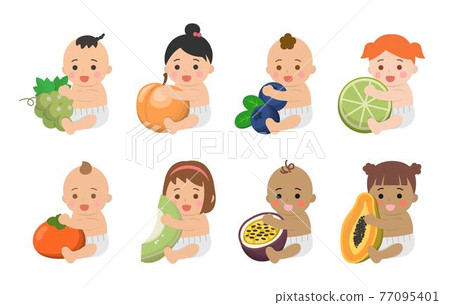 Cute baby with healthy vegetables and fruits, comic cartoon vector characters set Cute baby with healthy vegetables and fruits, comic cartoon vector characters set 77095401