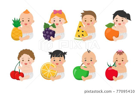 Cute baby with healthy vegetables and fruits, comic cartoon vector characters set Cute baby with healthy vegetables and fruits, comic cartoon vector characters set 77095410