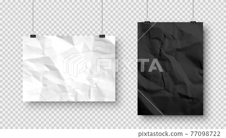 Realistic blank hanging paper sheets in A4 size with shadow on checkered background. Black and white crumpled notebook page. Design poster, template or mockup. Vector illustration. 77098722