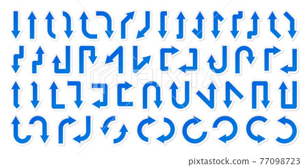 Colorful arrow stickers set. Blue pointers collection. Simple arrows in different shapes. Direction signs. Vector illustration. 77098723