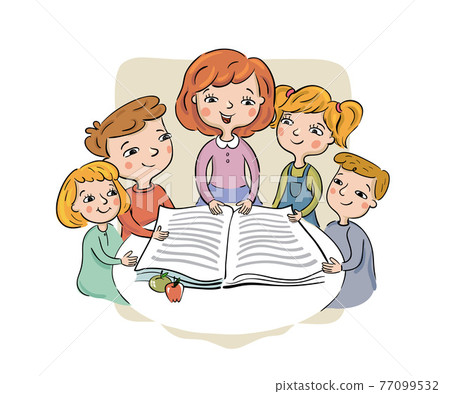 Children reading a book together 77099532