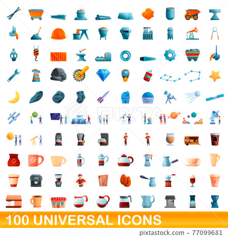 100 universal icons set, cartoon style 77099681