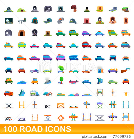 100 road icons set, cartoon style 77099726