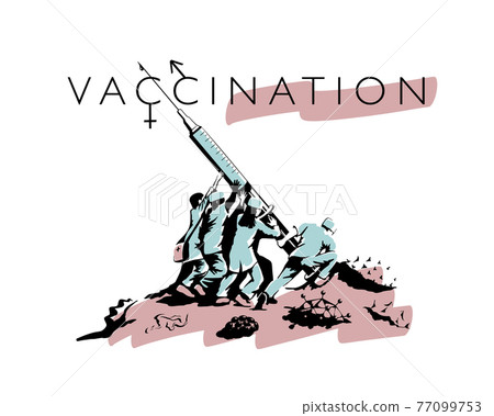 Doctors raise a syringe with a vaccine symbolizing the victory over viruses Doctors raise a syringe with a vaccine symbolizing the victory over viruses 77099753