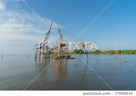 Sailing boat with local fishing trap net in canel, lake or river at sunset. Nature landscape fisheries and fishing tools lifestyle at Pak Pha, Phattalung, Thailand. Aquaculture farming. Sailing boat with local fishing trap net in canel, lake or river at sunset. Nature landscape fisheries and fishing tools lifestyle at Pak Pha, Phattalung, Thailand. Aquaculture farming. 77099834