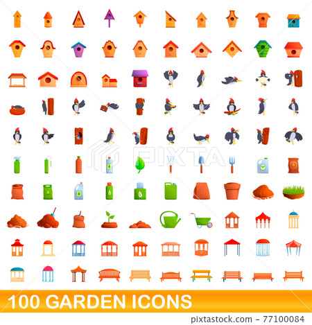 100 garden icons set, cartoon style 77100084