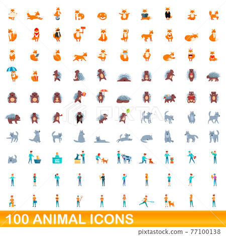 100 animal icons set, cartoon style 100 animal icons set, cartoon style 77100138