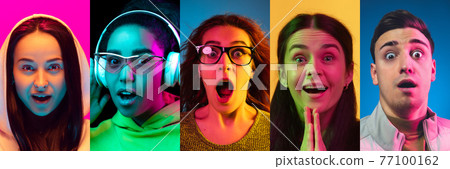 Portraits of group of people on multicolored background in neon light, collage. Portraits of group of people on multicolored background in neon light, collage. 77100162