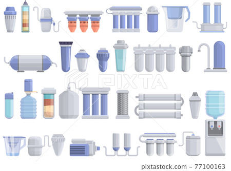 Equipment for water purification icons set, cartoon style Equipment for water purification icons set, cartoon style 77100163