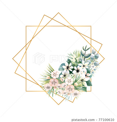 Frame with small flowers of actinidia, bouvardia, tropical and palm leaves. Wedding bouquet in a frame for the design of a stylish invitation. Watercolour illustration Frame with small flowers of actinidia, bouvardia, tropical and palm leaves. Wedding bouquet in a frame for the design of a stylish invitation. Watercolour illustration 77100610