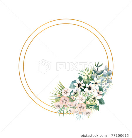 Round gold frame with small flowers of actinidia, bouvardia, tropical and palm leaves. Wedding bouquet in a frame for the design of a stylish invitation. Watercolour illustration Round gold frame with small flowers of actinidia, bouvardia, tropical and palm leaves. Wedding bouquet in a frame for the design of a stylish invitation. Watercolour illustration 77100615