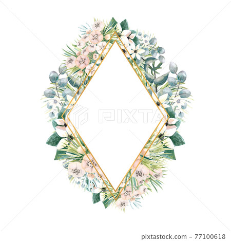 Diamond-shaped gold frame with small flowers of actinidia, bouvardia, tropical and palm leaves. Wedding bouquet in a frame for the design of a stylish invitation. Watercolour illustration Diamond-shaped gold frame with small flowers of actinidia, bouvardia, tropical and palm leaves. Wedding bouquet in a frame for the design of a stylish invitation. Watercolour illustration 77100618